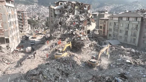 Drone Aerial View of Collapsed Buildings After Earthquake, February 8, 2023, Video stock 336522422
