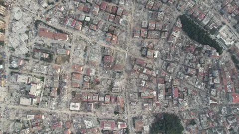 Drone Aerial View of Collapsed Buildings After Earthquake, February 8, 2023, Video stock 336522428