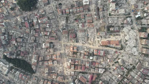 Drone Aerial View of Collapsed Buildings After Earthquake, February 8, 2023, Video stock 336522562