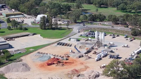 Drone aerial view of a concrete batching plant and industrial yard near Wodon Video stock 334922841