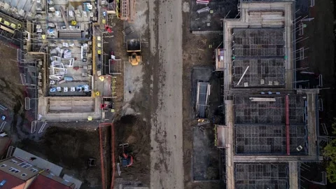 Drone aerial view of construction and new housing development works Stock Footage 291839348
