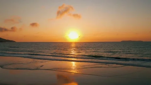 Drone aerial view dolly side panning over paradise beach sunrise, South Stock Footage 131680810