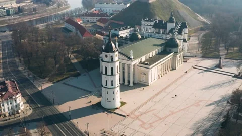 Drone aerial view of empty Cathedral square in the morning, Vilniu,Lithuania Stock Footage 146121874