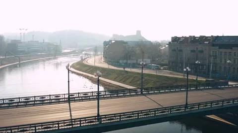 Drone aerial view of empty streets in Vilnius Stock Footage 155580592