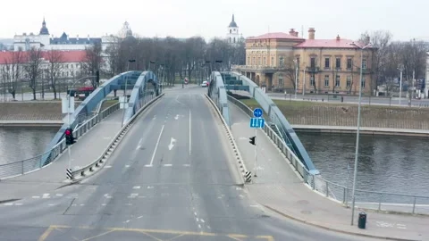 Drone aerial view of empty streets and Mindaugas bridge. Stock Footage 155580864