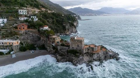 Drone aerial view of Erchie small Amalfi Coast village Stock Photos