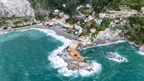 Drone aerial view of Erchie small Amalfi Coast village Stock Photos