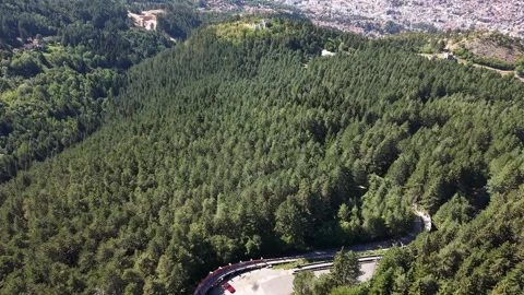Drone Aerial View Flying Over Dense Trebevic Forest Revealing Winding Mountain Stock Footage 343673696
