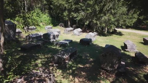 Drone Aerial View Flying Over Ancient Medieval Bosnian Stecci Tombstones Stock Footage 343674618