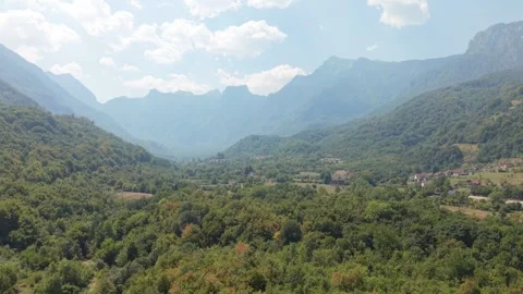 Drone Aerial View Flying Over Dense Forest Canopy Towards Massive Rocky Peaks  Stock-Footage 343675514