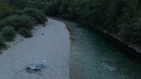 Drone Aerial View Flying Over Neretva Riverbank with Wooden Footbridge Vídeos de archivo 343675979