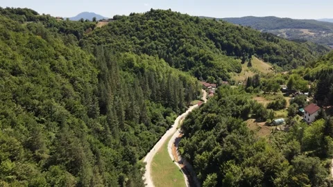 Drone Aerial View Flying Over Narrow Country Road Through Lush Green Forest  Stock-Footage 343676091