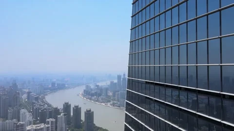 Drone aerial view flying through modern skyscraper Shanghai downtown Stock-Footage 155421698