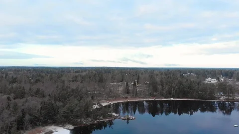 Drone aerial view flying up from trees revealing a beautiful lake in winter time Stock Footage 104537441