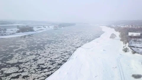 Drone aerial view flying in winter over the river Stock Footage 102374864