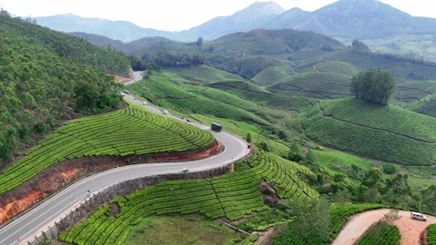 Drone aerial view of Gap Road through tea plantations in Munnar Kerala India 스톡 동영상 332691308