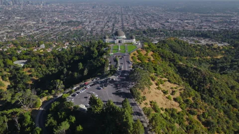Drone aerial view of Griffith Observatory from the front looking Stock Footage 328204900