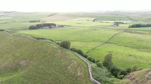 Drone aerial view Hadrian's Wall high angle showing extensive section Stock Footage 346484675