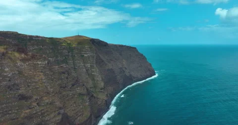 Drone aerial view at High cliff ocean coast of Madeira Island in Portugal Stock Footage 243518676