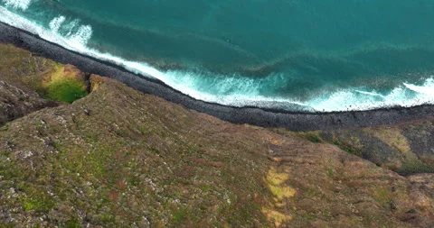Drone aerial view at High cliff ocean coast of Madeira Island in Portugal Stock Footage 244873637