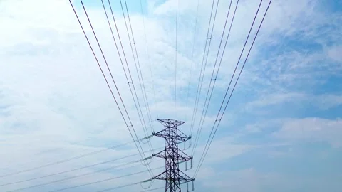 Drone Aerial View of High Voltage Power Transmission Tower in Open Area Stock Footage 315084253