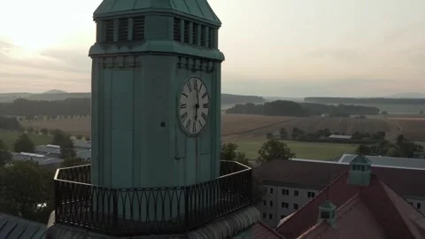 Drone Aerial View of Historic Clock Tower with Countryside Background Landmark Vidéo 347644785
