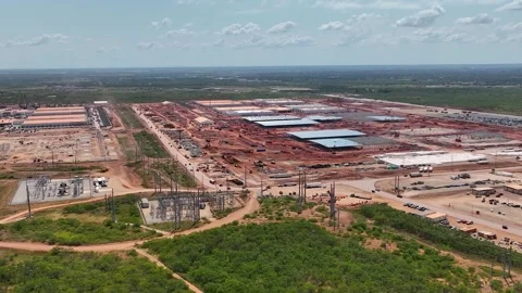 Drone aerial view of hyperscale data center construction with steel framework Stock Footage 314837654