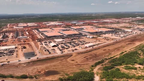 Drone aerial view of hyperscale data center construction with steel framework Stock Footage 314839799