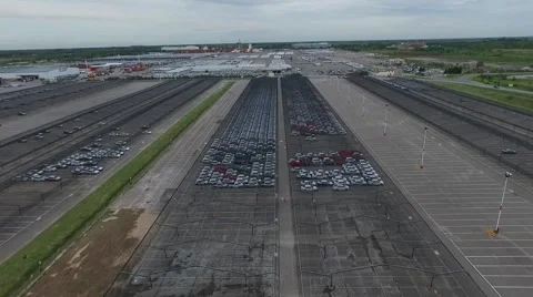 Drone aerial view from an import export car parking with special protection for Vídeo Stock 59996872