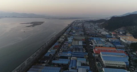 Drone aerial view of the Industrial comnplex in Sahagu, Busan, South Korea Stock Footage 100967592