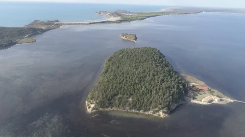 Drone aerial view on  isolated Monastery of Saint Mary on Zvernec island Видео 97342281