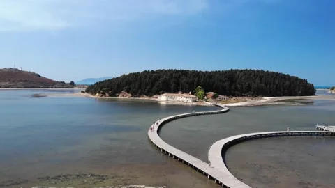Drone aerial view on isolated Monastery of Saint Mary on Zvernec island. Narta Stock Footage 139046482