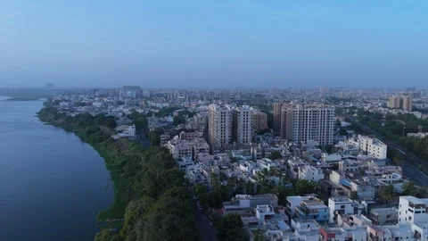 Drone Aerial View of Lakeside Modern City Skyline in India Stock-Footage 338195508