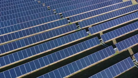 Drone Aerial View of Large Solar Panel Field with Geometric Lines Stock Footage 330201236