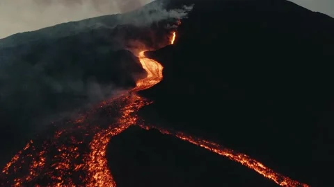 Drone Aerial view of lava flows erupting from Pacaya volcano in Guatemala Stock Footage 154122393