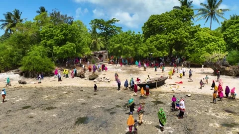 Drone Aerial View of Local People Walking on the Shore During Low Tide, January 스톡 동영상 336872096