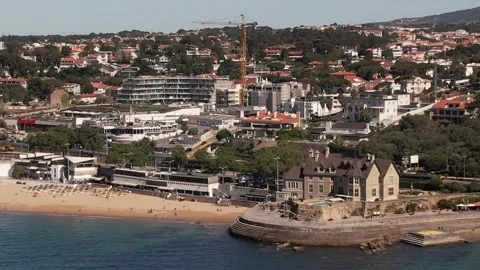 Drone aerial view of main beaches in Cascais, Portugal including Duquesa Stock Footage 195506084