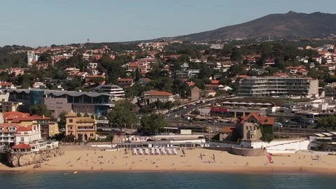 Drone aerial view of main beaches in Cascais, Portugal including Duquesa Stock Footage 195509713