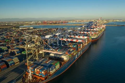 Drone, aerial view of massive container, cargo ships docked at Long Beach Fotos de archivo