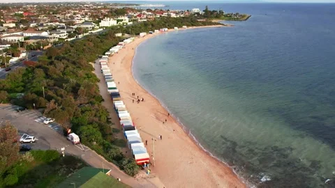 Drone aerial view Melbourne bathing boxes on Brighton beach Stock Footage 209130125