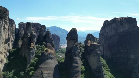 Drone aerial view of Meteora unique rock formations Stock Footage 339433635