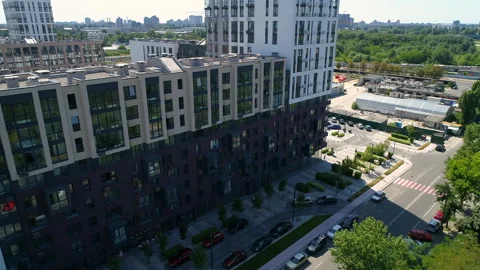 Drone aerial view modern building Residential complex Faina Town, Kyiv, Ukraine Stock Footage 211011995