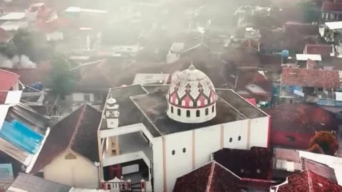 Drone Aerial View of Mosque with Dome and Minaret in Urban Neighborhood Stock Footage 315002458