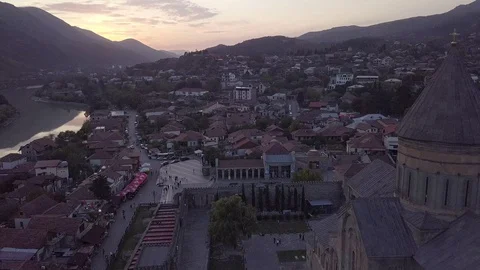 Drone Aerial View Of Mtskheta Georgia At Confluence Of Rivers Mtkvari Aragvi Stock Footage 128673031