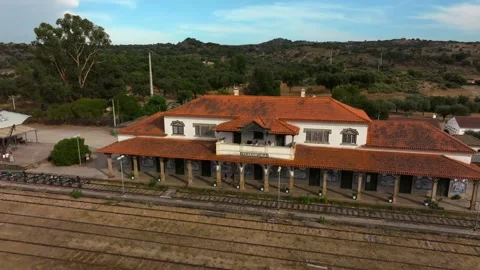 Drone Aerial View of Old Train Station Building in Marvao Beira, Portugal Stock Footage 317332236