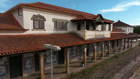 Drone Aerial View of Old Train Station Building in Marvao Beira, Portugal Stock Footage 317332366