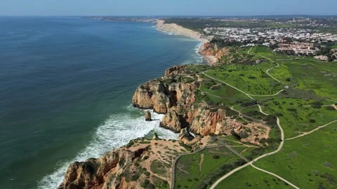 Drone Aerial View of Ponta da Piedade Coastline in Lagos, Algarve, Portugal Vídeos de archivo 340265366