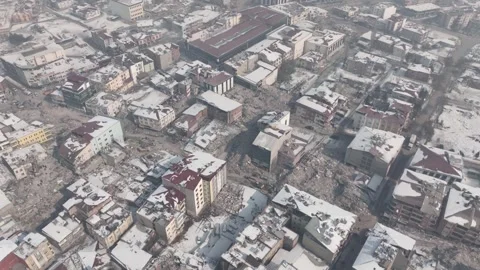 Drone Aerial View of Post Earthquake Destruction in Elbistan, February, 10, 2023 Stock Footage 336451250