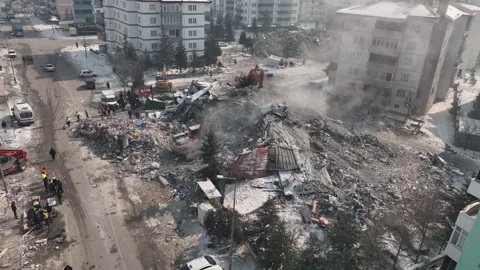 Drone Aerial View of Post Earthquake Destruction in Elbistan, February, 10, 2023 Stock Footage 336451477