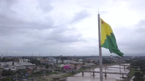 Drone aerial view of Rio Branco city skyline, Acre river and flag in Amazon. Stock Footage 131559318